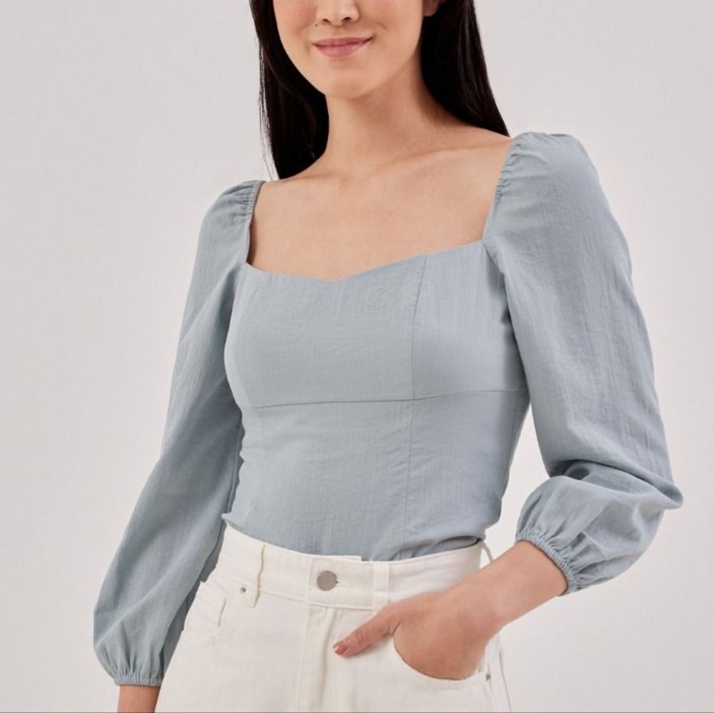 Womens Dusty Blue Zip Up Bustier Top with Elastic Sleeves